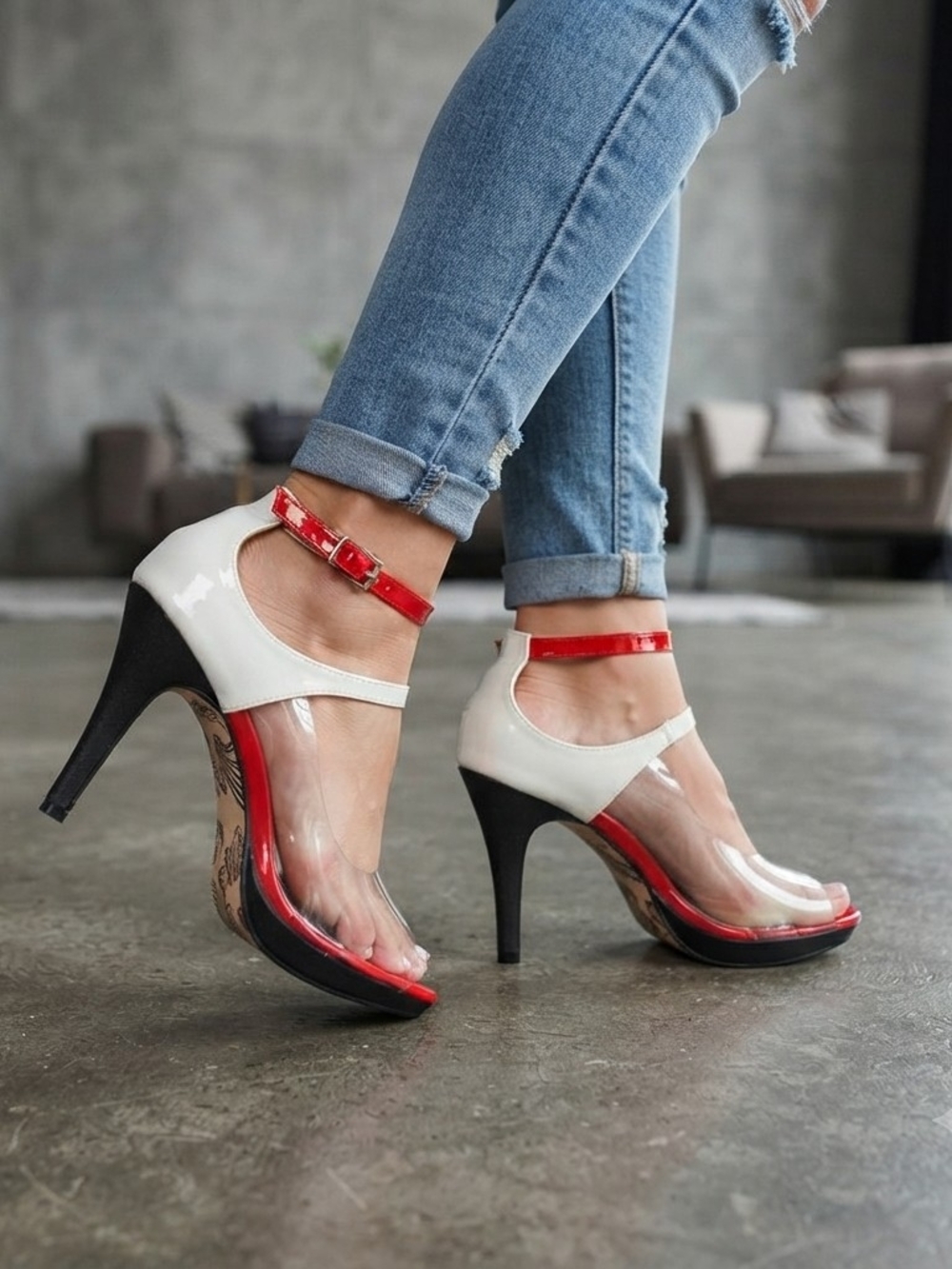 ​Women's Red & White Stiletto Heels - Clear Strap Sandals - Size 41
